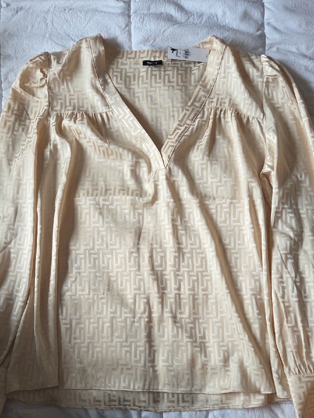 Express Ivory Satin Geometric V-Neck Blouse